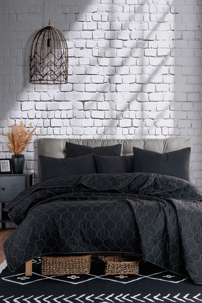 Set cuvertura de pat dubla 3 piese, L'essentiel Maison, Solid, Negru - imagine 5